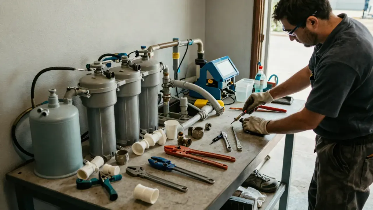Water Softener in Queen Creek, Arizona: overhead shot of a neatly organized workbench in a garage, showing various plumbing