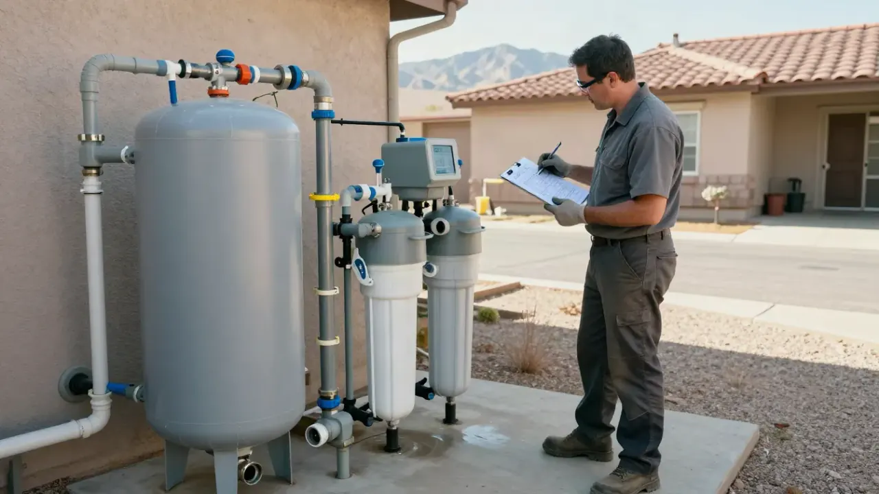 Water Softener in Queen Creek, Arizona: water treatment technician holding a clipboard with a diagram of a water softener